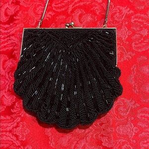 Vintage Magid Black Beaded Evening Bag Shell Clutch Purse Convertible Chain